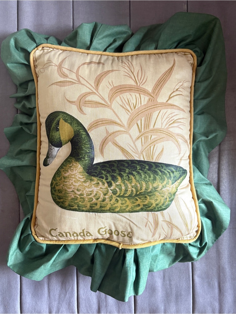 Vintage Canada Goose Decorative Bird Pillow in Green and Cream with Frilly Hem